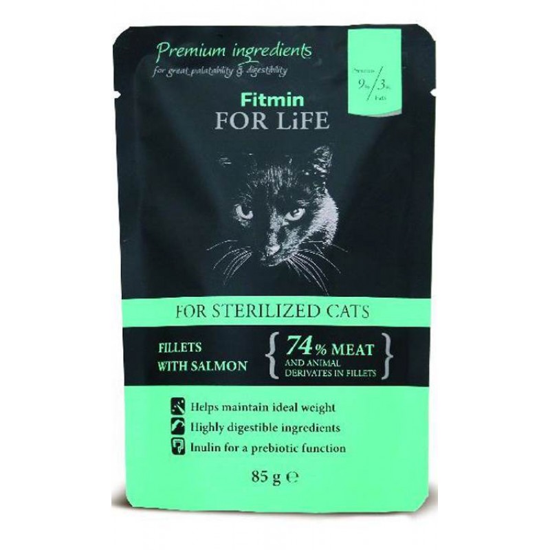 Fitmin паучи для стерилизованных кошек в соусе с лососем 85 г