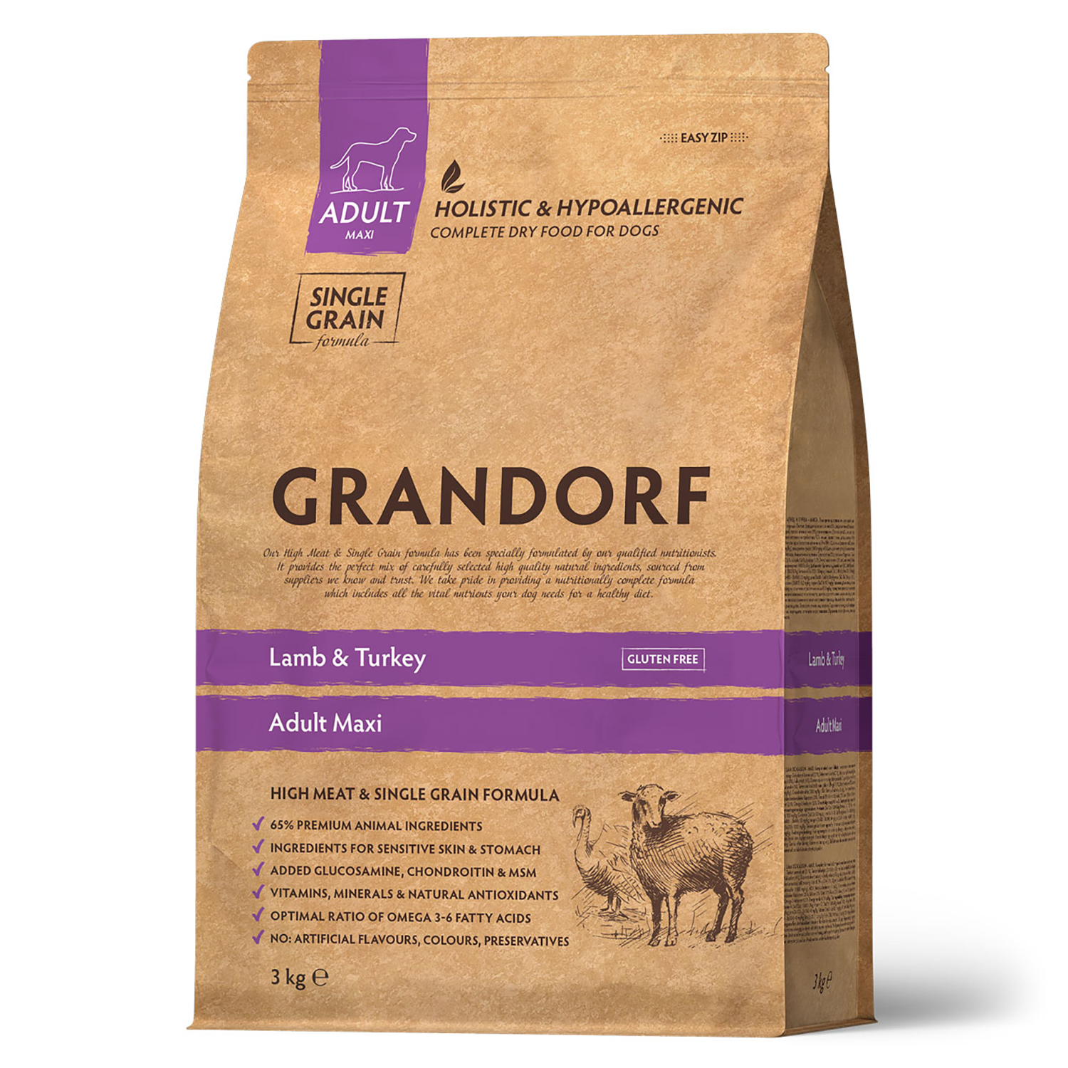 Grandorf для взрослых собак крупных пород ягнёнок и индейка с бурым рисом 3 кг