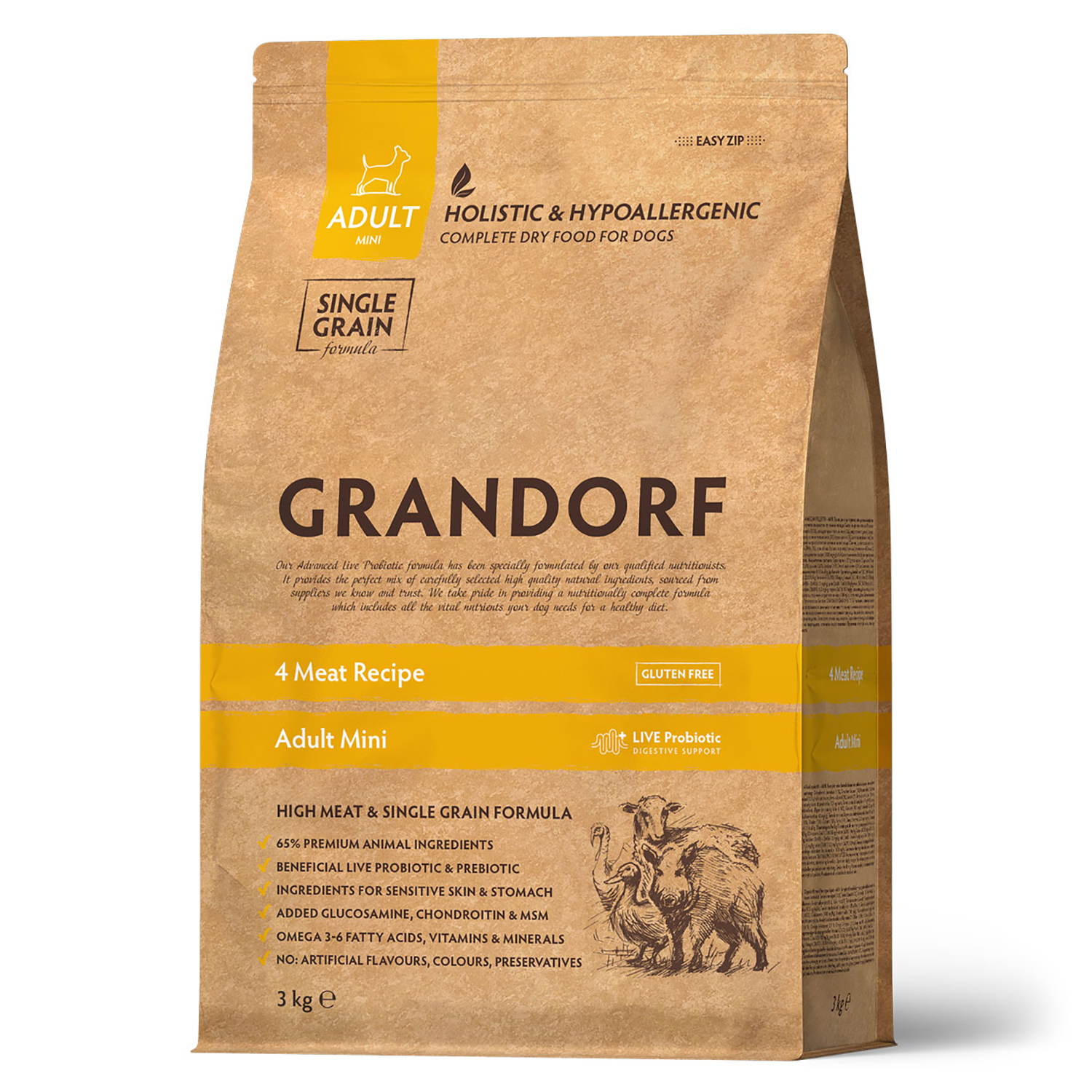 Grandorf для взрослых собак мелких пород 4 мяса с бурым рисом 3 кг
