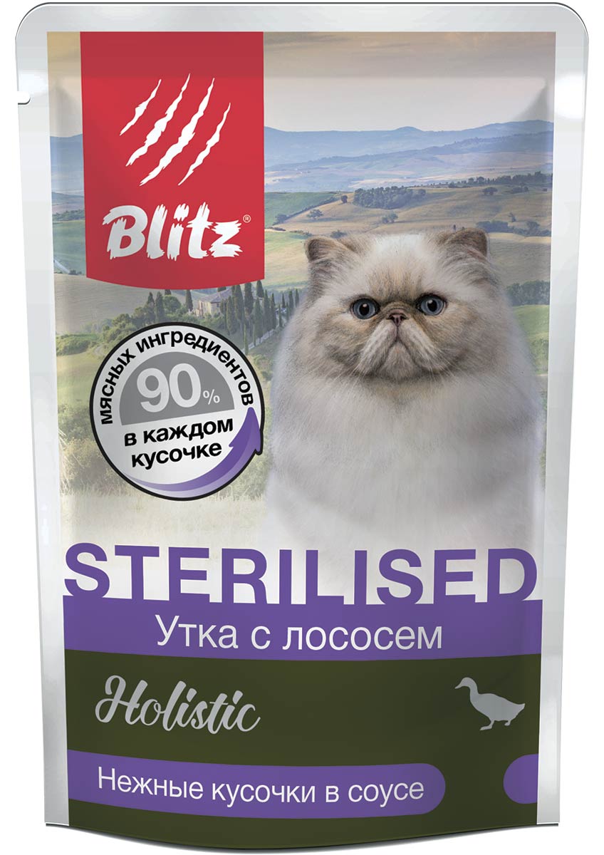 Blitz Holistic для стерилизованных кошек кусочки утки с лососем в соусе 85 г