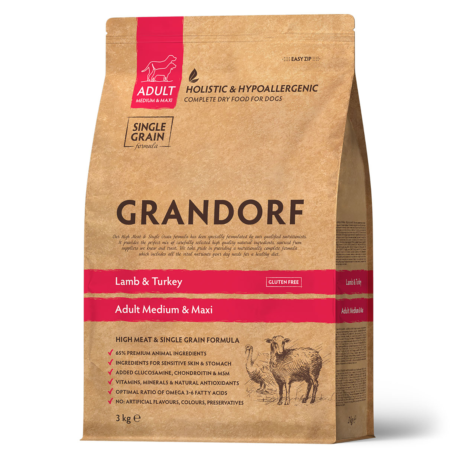 Grandorf для взрослых собак средних и крупных пород ягнёнок и индейка с бурым рисом 3 кг