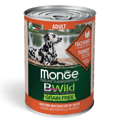 Monge BWild для взрослых собак кусочки индейки в соусе 400 г
